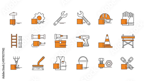 Craft Tools Icons: Collection of essential construction and repair tools, meticulously designed to convey clarity and functionality. These icons symbolize the instruments and equipment of the craft