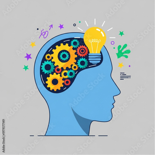 Human Head with Gears and Lightbulb.