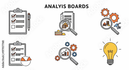 Analysis boards with various business icons.