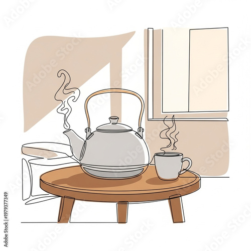 Teapot and Cup on Wooden Table.
