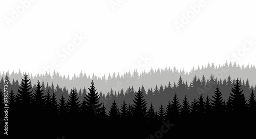Silhouette of Layered Pine Forest Landscape, Misty Conifer Wood Background Vector Illustration