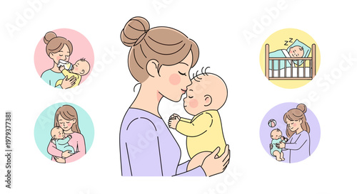 Vector illustrations of a mother caring for her baby, including feeding, sleeping in a crib, playing, and hugging, portraying love and motherhood