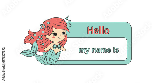 Cute Cartoon Mermaid Name Tag Template with Hello My Name Is Text for Kids School Labels