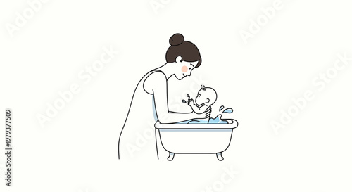 Mother bathing her baby in a bathtub, loving parent taking care of infant at home, vector line art illustration