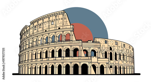 Vector illustration of the ancient Roman Colosseum landmark in Rome, Italy, isolated on white background with stylized circles