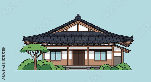 Traditional Japanese House Exterior with Garden and Tree