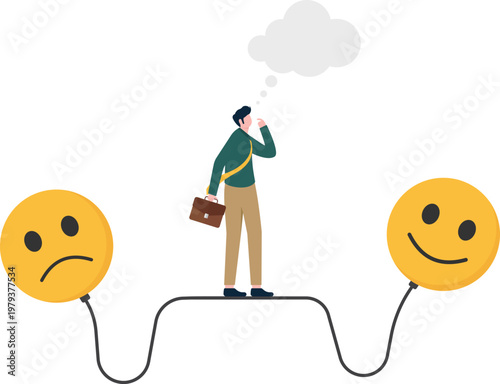 Professional walking on a tightrope between sad and happy faces