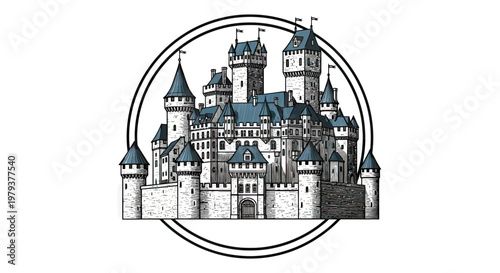 Vintage Hand-Drawn Medieval Castle Illustration with Blue Roofs and Towers, Royal Fortress Architecture Sketch in Circular Frame