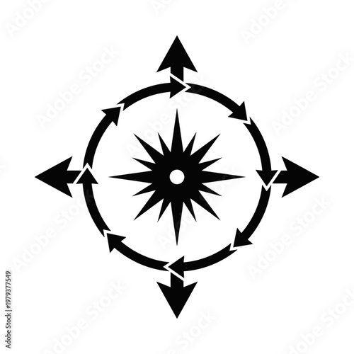Black compass rose with circular arrows pointing in multiple directions on white background