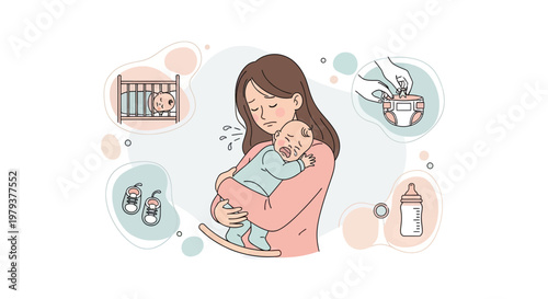 Tired Mother Holding Crying Newborn Baby with Parenting Icons for Diaper Feeding and Sleep