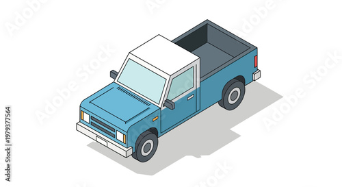 Isometric Blue Pickup Truck Vector Illustration Isolated on White Background