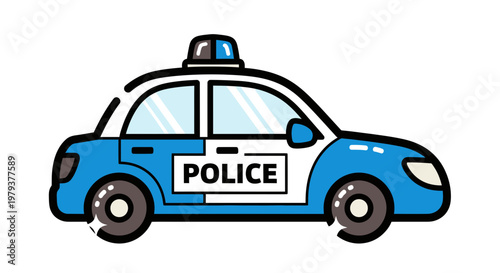 Police car vector illustration isolated on white background. Flat cartoon style emergency vehicle icon for law enforcement and security concepts.
