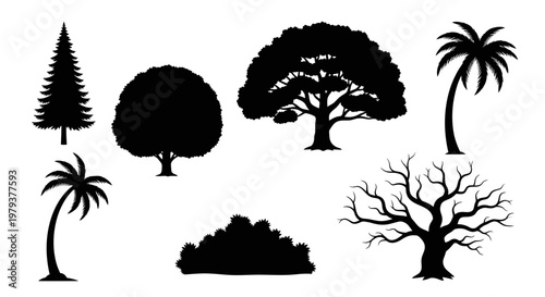 Collection of Tree Silhouettes with Pine, Palm, Deciduous, and Bare Trees and Bush Isolated on White Background