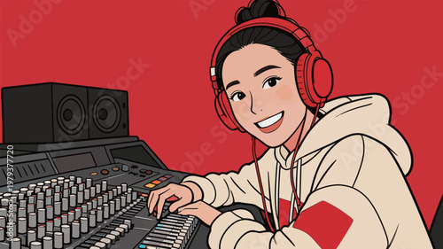 Young woman working at sound mixing console