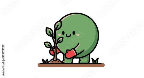 Cute Kawaii Green Character Planting a Tree Sapling, Ecology and Environmental Conservation Concept Vector Illustration