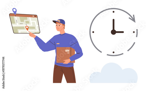 Delivery management, logistics planning, shipping services, punctuality, time management, modern tools. A courier holding a package points to a map icon and clock. Delivery management and logistics