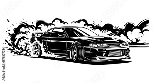 Black and White Vector Illustration of a Custom Japanese Sports Car Drifting with Massive Tire Smoke
