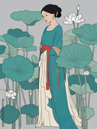 Elegant Woman in Traditional Hanfu Among Lotus Leaves