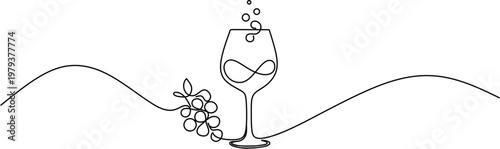 Continuous line drawing of wine glass with grapes and bubbles