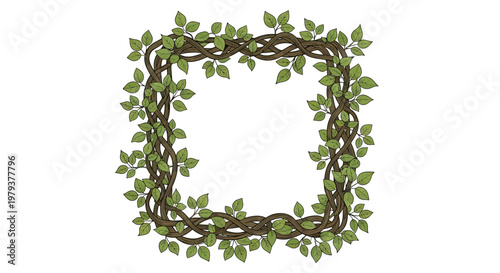 Square Frame Made of Intertwined Vines and Green Leaves, Hand Drawn Botanical Border Isolated on White Background