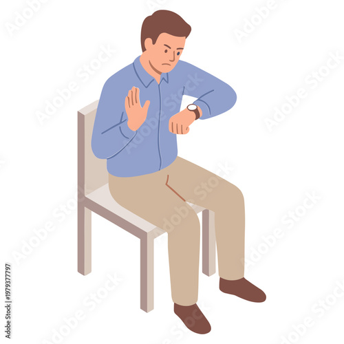Man sitting on a chair looking concerned at his wristwatch and hand