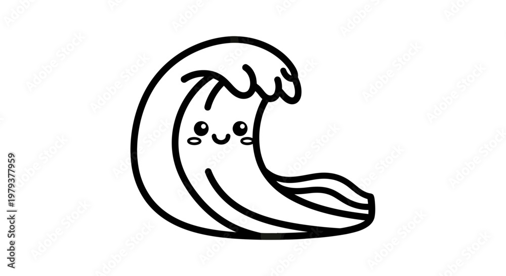 Fototapeta premium Cute Kawaii Smiling Ocean Wave Line Art Illustration for Coloring Book, Vector Sea Wave Cartoon Character Design