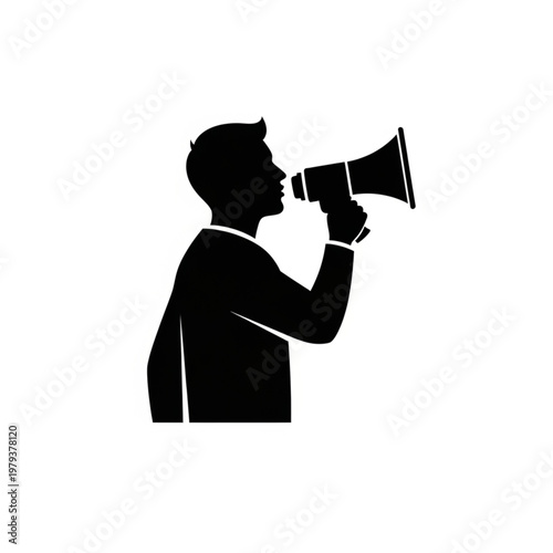 Man Silhouette Using Megaphone for Announcement.