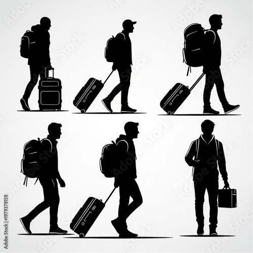 Man Walking with Luggage and Bags Silhouette.