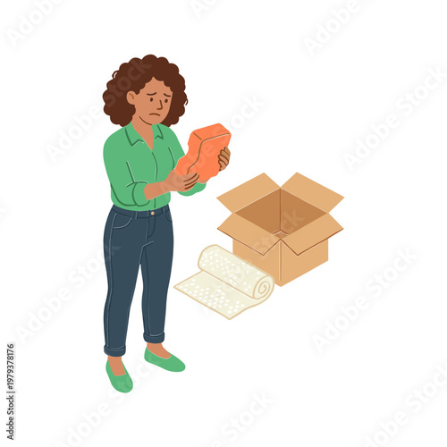 Woman unpacking items from an opened cardboard box