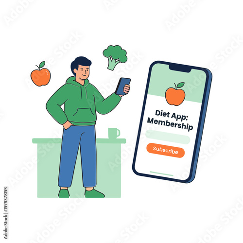 Man using diet app on phone with healthy food nearby indoors