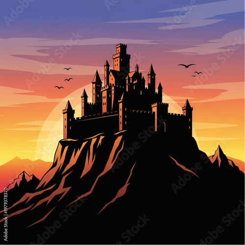 Medieval Castle Silhouette on Mountain Peak.