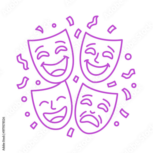 Purple line art illustration of comedy and tragedy theater masks
