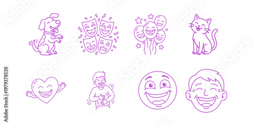 Set of Funny Laughing Characters and Icons Outline
