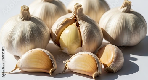 Fresh garlic bulbs and cloves isolated on white backdrop culinary ingredient