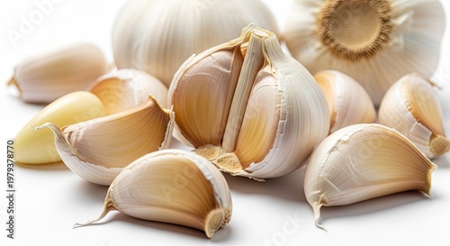 Fresh garlic bulbs and cloves isolated on white background ingredient