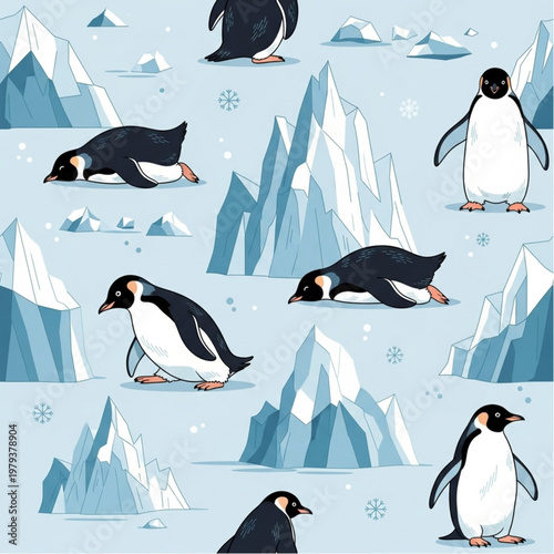 Penguins on Iceberg Snowy Landscape Scene.