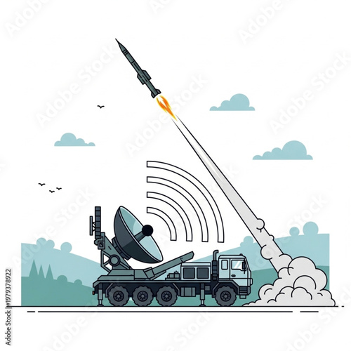 Military Missile Launcher Vehicle Launching Rocket.