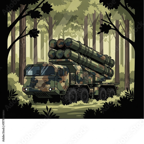 Military Truck with Rocket Launcher in Forest.
