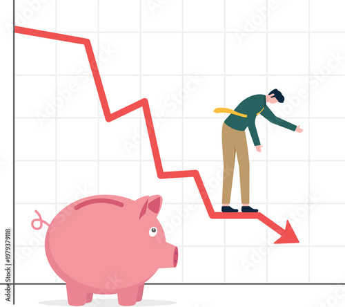 Professional looking at a falling red graph above a piggy bank