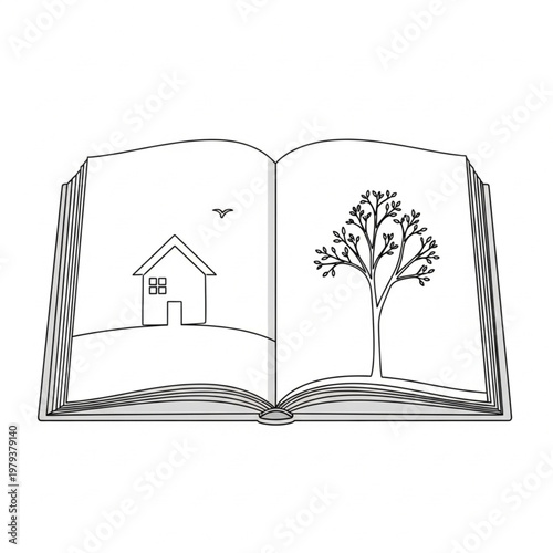 Open Book with House and Tree Illustration.