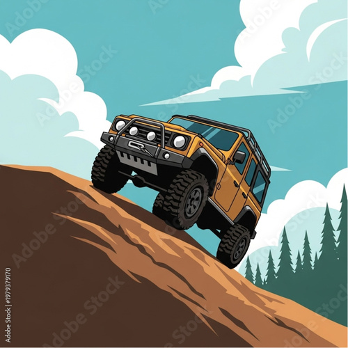 Orange 4x4 Off Road Vehicle Climbing Hill.