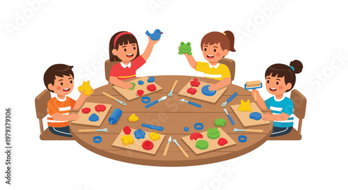 Four happy children sit around a wooden table, creatively playing with colorful modeling clay and various tools to make fun shapes together.