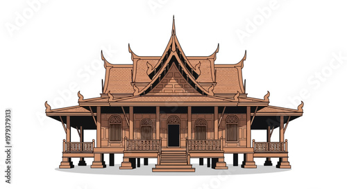 Traditional Thai Wooden House with Ornate Roof and Stilts