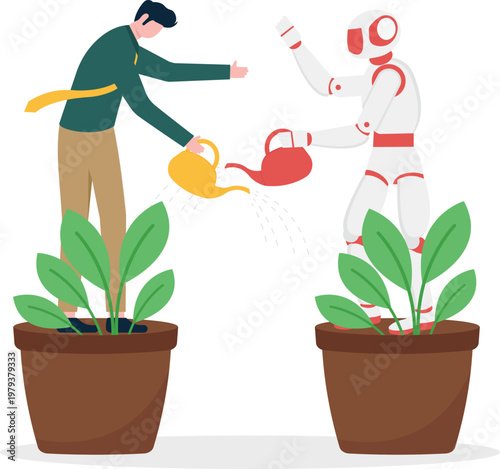 Human and robot watering money plants together