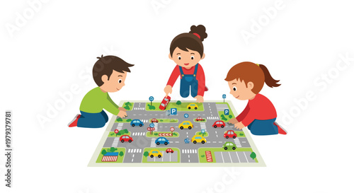 Three young children are happily playing together with colorful toy cars on a detailed city road map mat spread out on the floor.