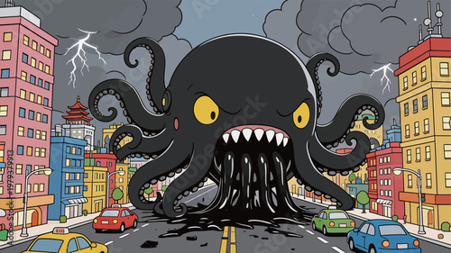 Giant Black Octopus Attacking Urban Street