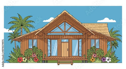 Tropical Bungalow House with Thatched Roof, Palm Trees, and Flowers