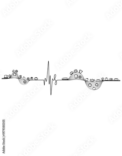 Minimalist Food and Nutrition Concept with Heartbeat Pulse Line Featuring Fruits Vegetables and Bread Icons for Healthy Lifestyle Vector Design UI