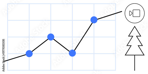 Data trends, growth analysis, communication, multimedia, environmental connection, progress illustration. A line graph with nodes, a video camera icon and a tree graphic. Data trends and growth