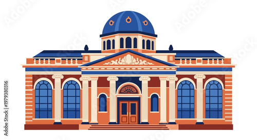 Grand Public Building Facade with Blue Dome and Columns
